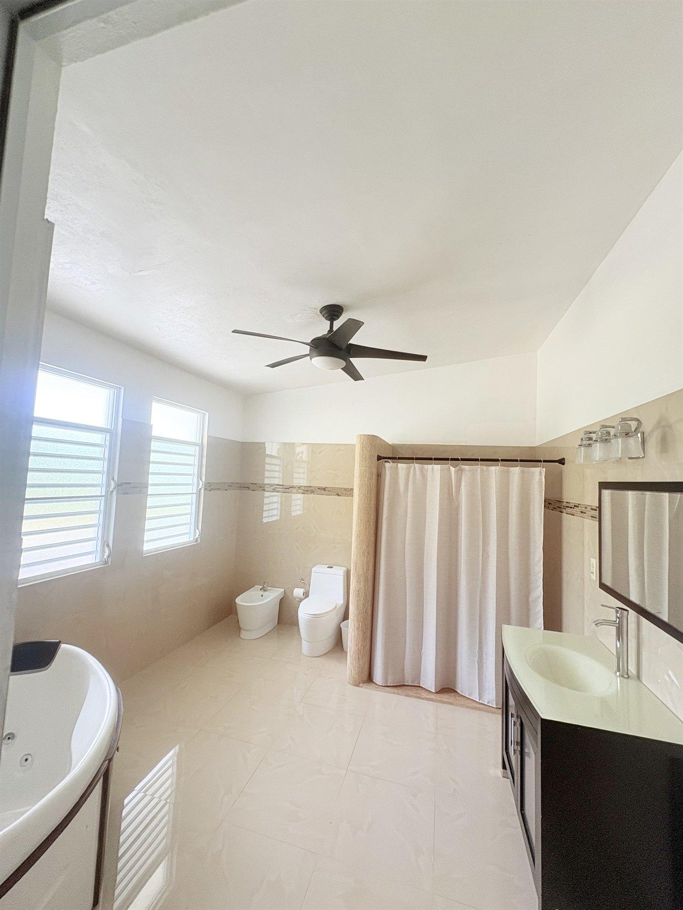 Baño principal con jacuzzi, ducha y lavamanos